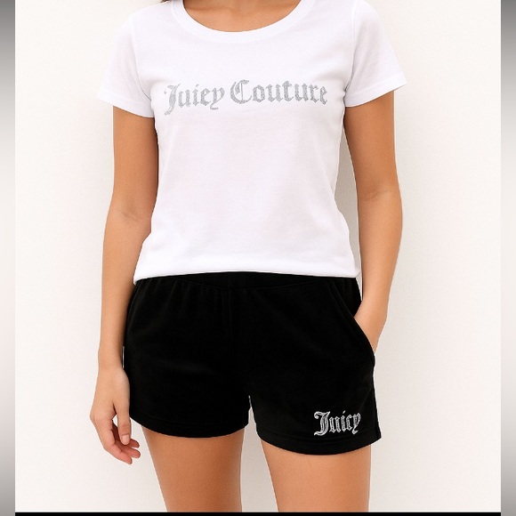 Juicy Couture Other - Juicy Couture Rhinestone Logo White Stretch Tee & Black Velour Shorts Set
